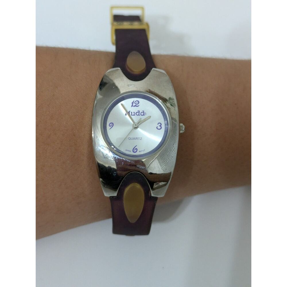 Mudd Watch Womens Stainless Silver Battery Blue Beige Rubber Water Resist Quartz